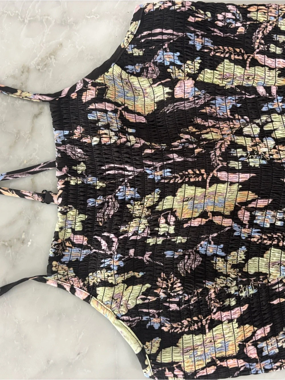 Free People Black Free Flowing Maxi Dress with Ruched Top- Pastel Floral Pattern